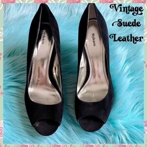 Style & Co Black Suede LEATHER Open Toe Y2K Cone Heels Women’s 10 Classic Pumps